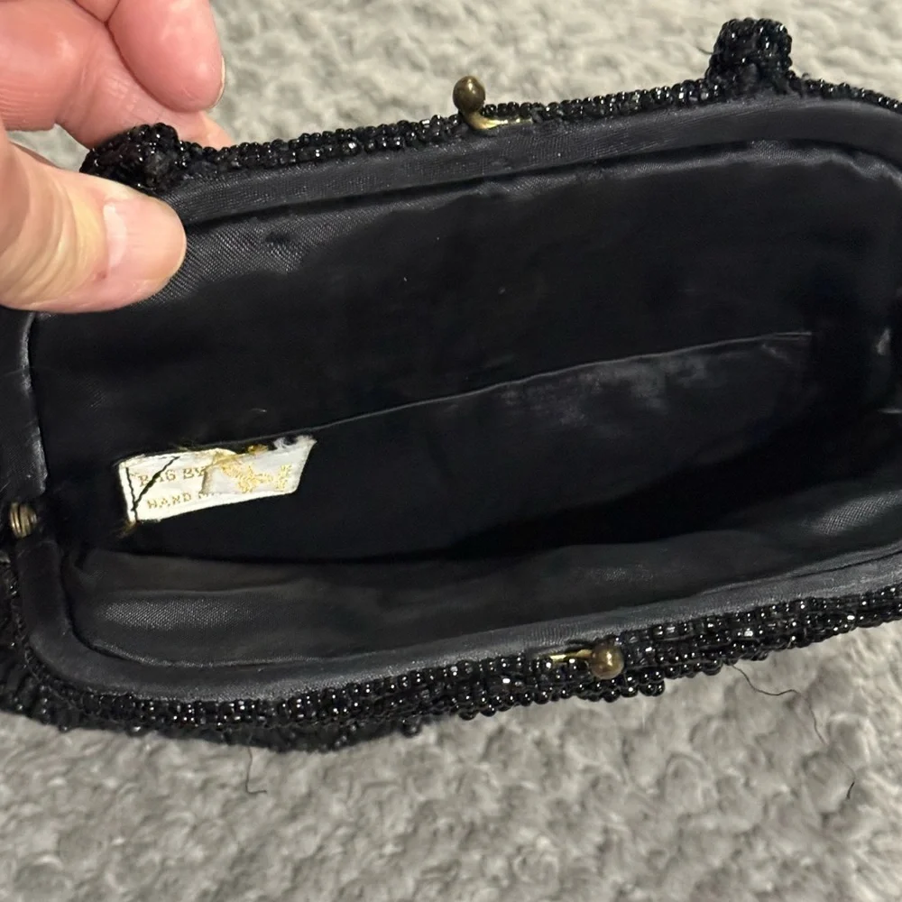 Vtg. Bag by Josef Black Beaded Evening Bag Clasp and strap